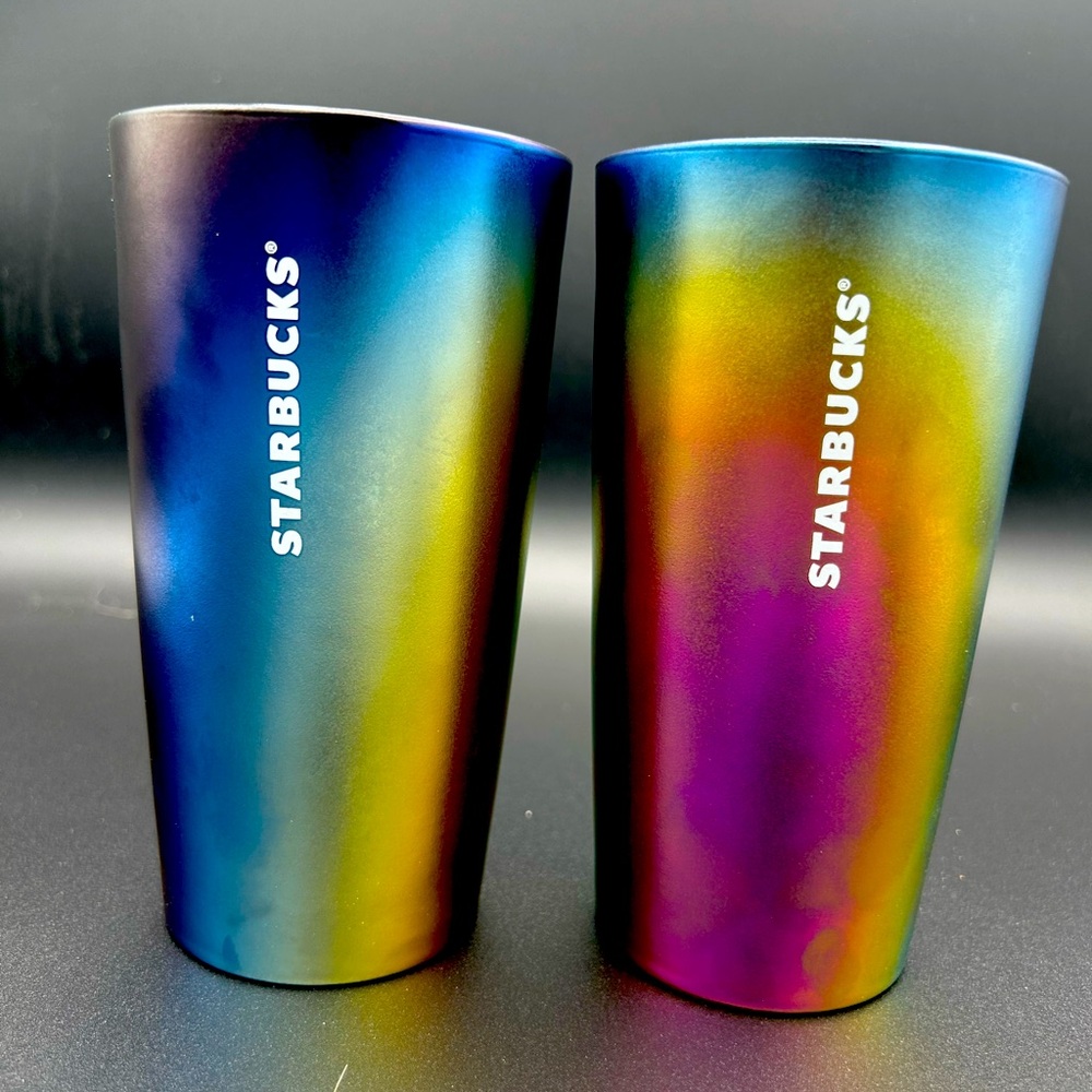 Starbucks Colorful Oil Slick Rainbow 12oz. Ceramic Cup Tumbler SET OF 2 NO LIDS